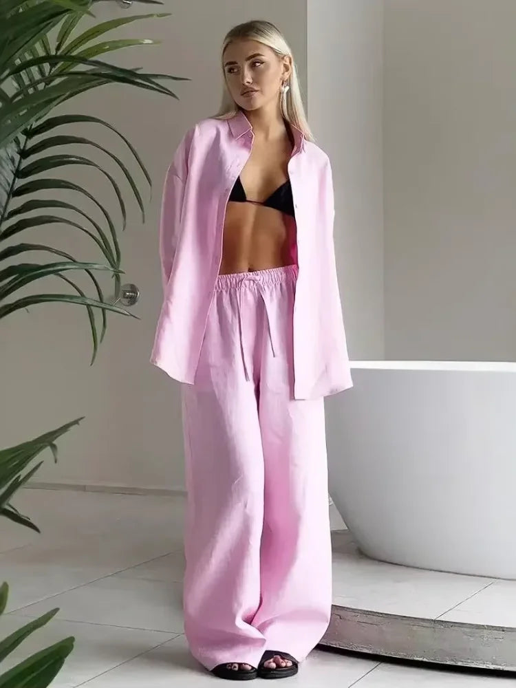 Classic Solid Shirt Pants Set Women Casual Loose Long Sleeved Lapel Elastic Waist Two Piece Suit 2025 New Summer Street Outfit