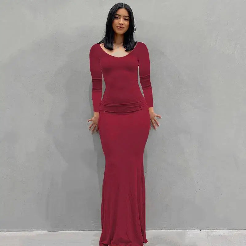 2025 Autumn Long Sleeve Dresses For Women Sexy V Neck Bodycon Solid Elegant Long Dress Y2k Skinny Trumpet Maxi Vestidos