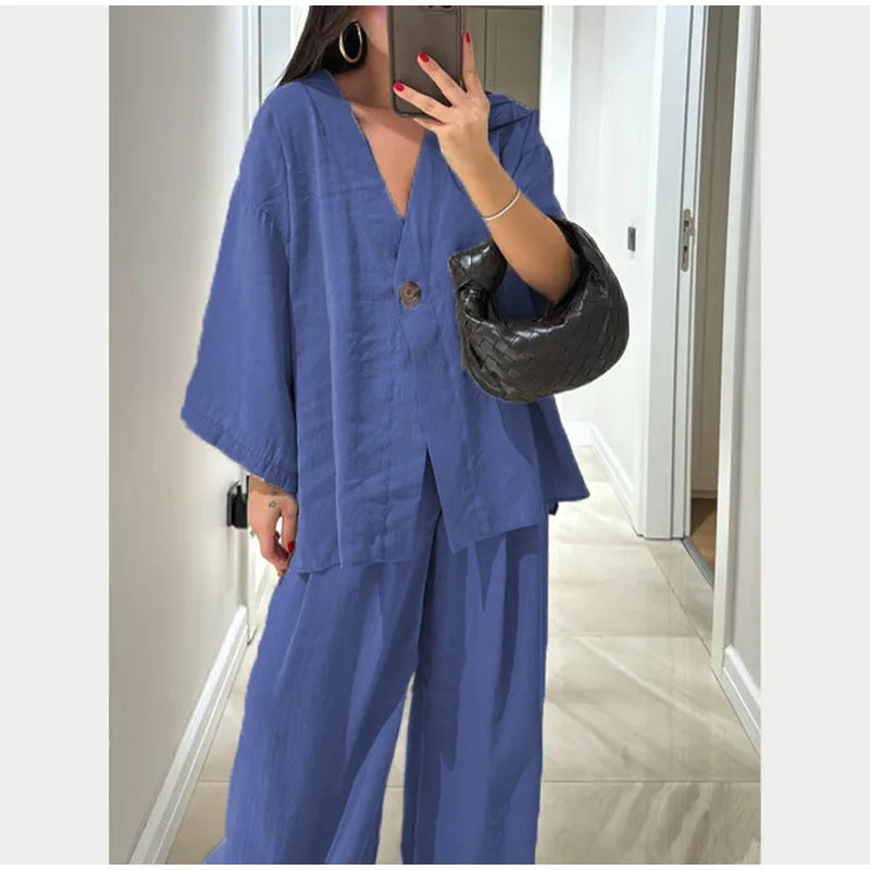 Women Classic Solid Wide Leg Pants Suits Summer Fashion V-neck One Button Loose Blouse Sets Casual Female Daily Streetwear 2025