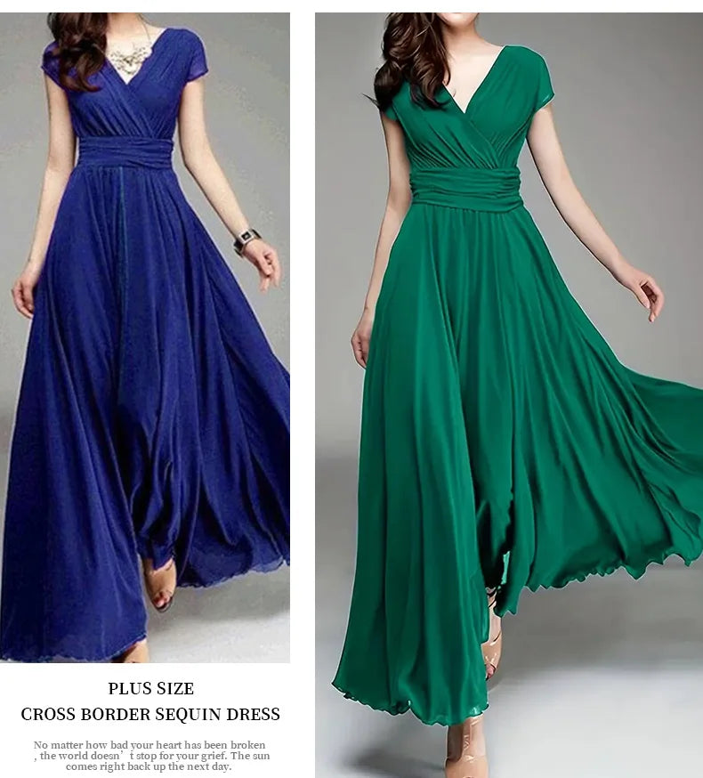 Women's Short-Sleeved Chiffon Evening Dress, Female Party Dress, Monochromatic, Bohemian, Long, Elegant, New, 2022