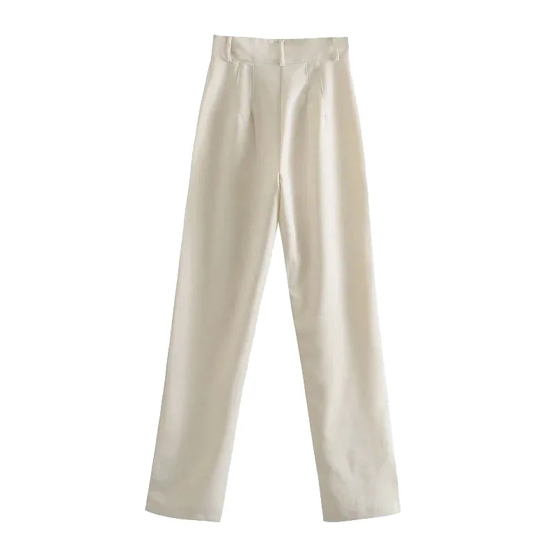 TRZA Women Chic Fashion Office Wear Straight Pants Vintage High Waist Zipper Fly Female Trousers Mujer