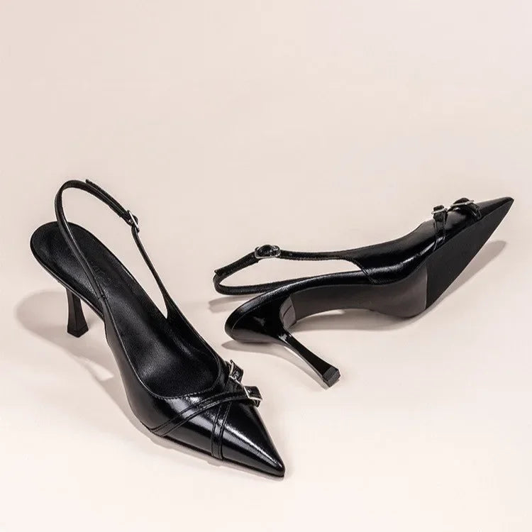 Fashionable Pointed Toe Shallow Mouth New High-heeled Shoes Summer Elegant Buckle Decorated Stiletto Black Women's Shoes NO:602