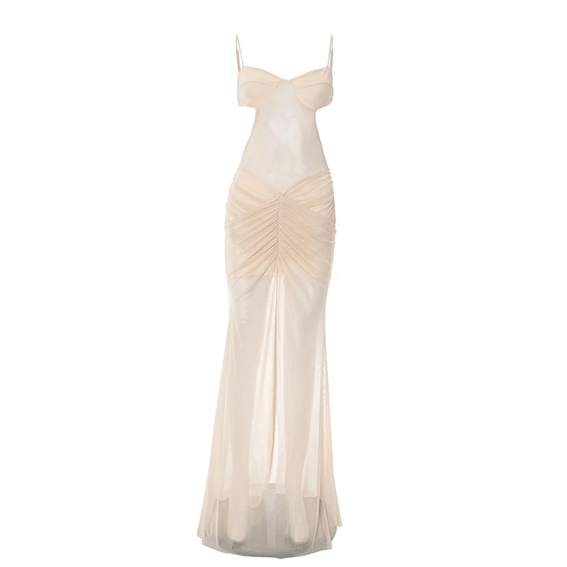 Sexy Off Shoulder Mesh See Through Maxi Dress Women Backless Ruched Elegant Gown 2025 Summer Night Prom Birthday Outfits