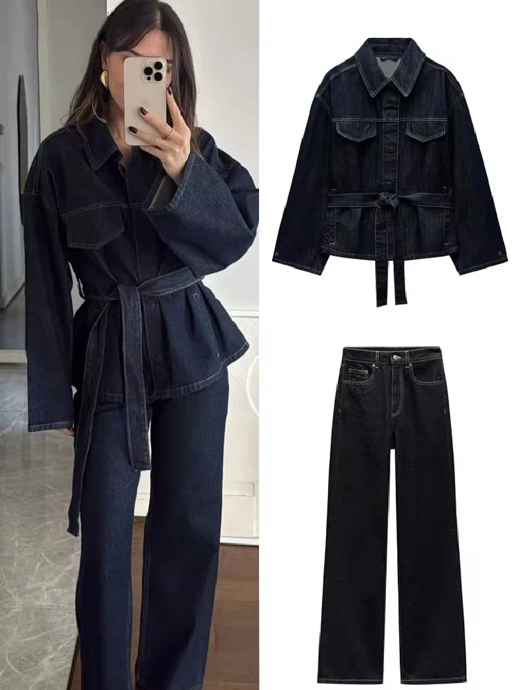 Women Two Pieces Set Denim Pant Sets Single Breasted Long Sleeve Belt Coat Wide Leg Trousers Jeans Female 2 Pieces Outfits
