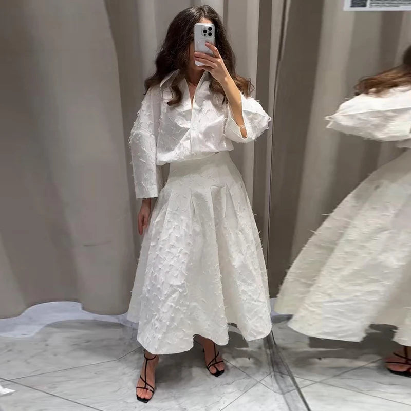 Elegant Shirt Skirt Set Women Lapel Long Sleeve Loose T-shirt High Waist Pleated Long Skirts Suits 2025 Summer Street Lady Sets