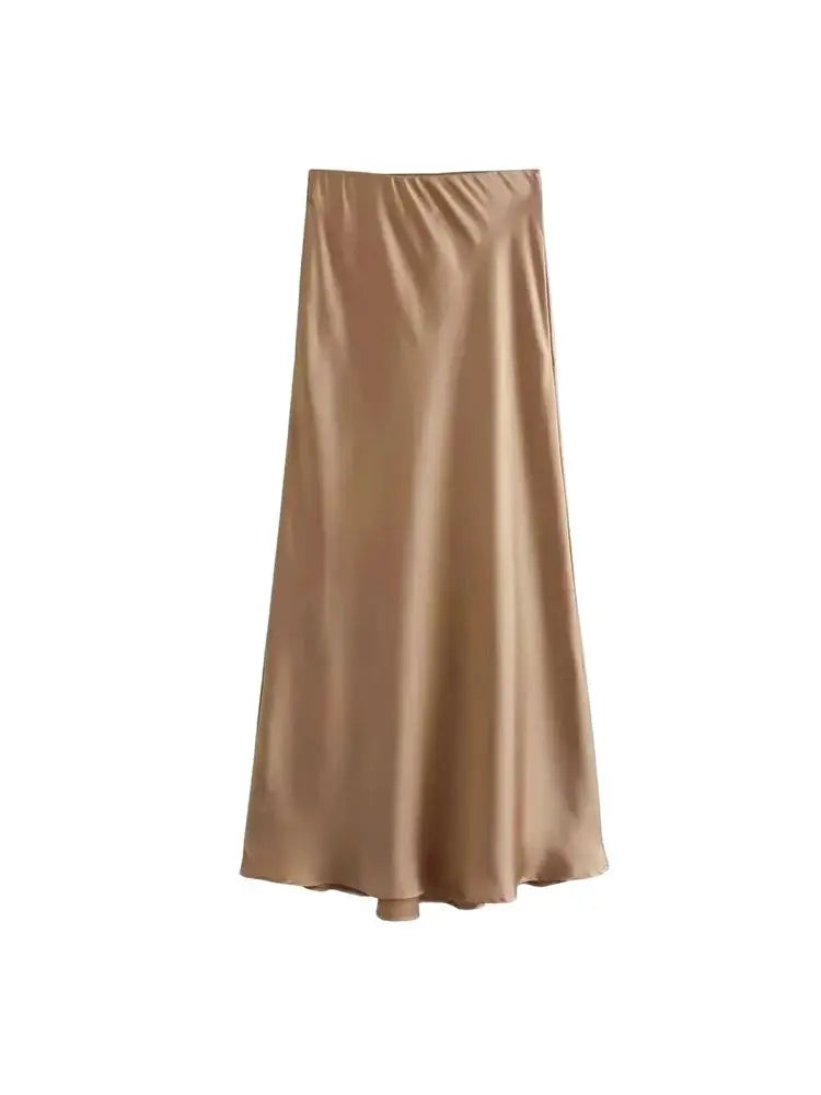 TRZA Women's Soft Touch Silk-Like Midi Skirt High Waist Elastic Waistband Chic Fashion Female Skirts Elegant Mujer