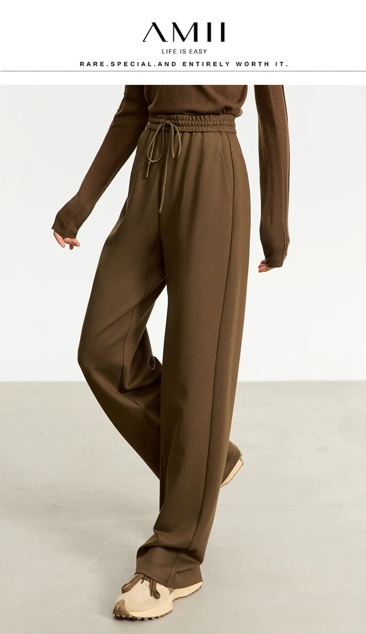 AMII Minimalism Casual Pants for Women 2025 Spring Wide Leg New Loose Vertical Elastic Waist Drawstring Sporty Trousers 12343338