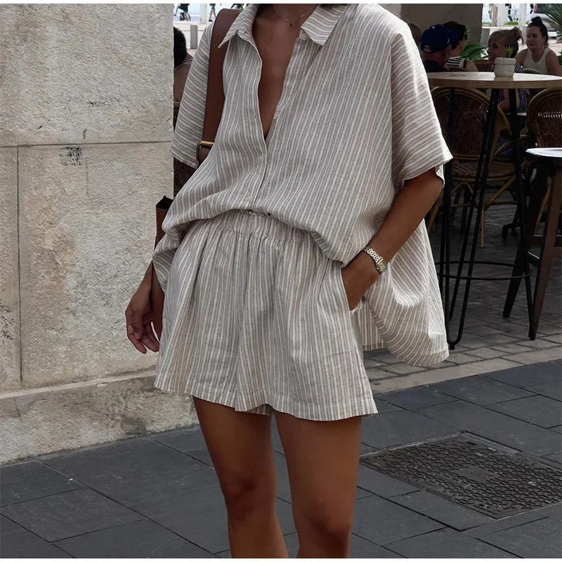 Women Fashion Stripe Print Lace-up Shorts Set Oversized Lapel Short Sleeve Single Breasted Shirts Suit Lady Casual Street Outfit