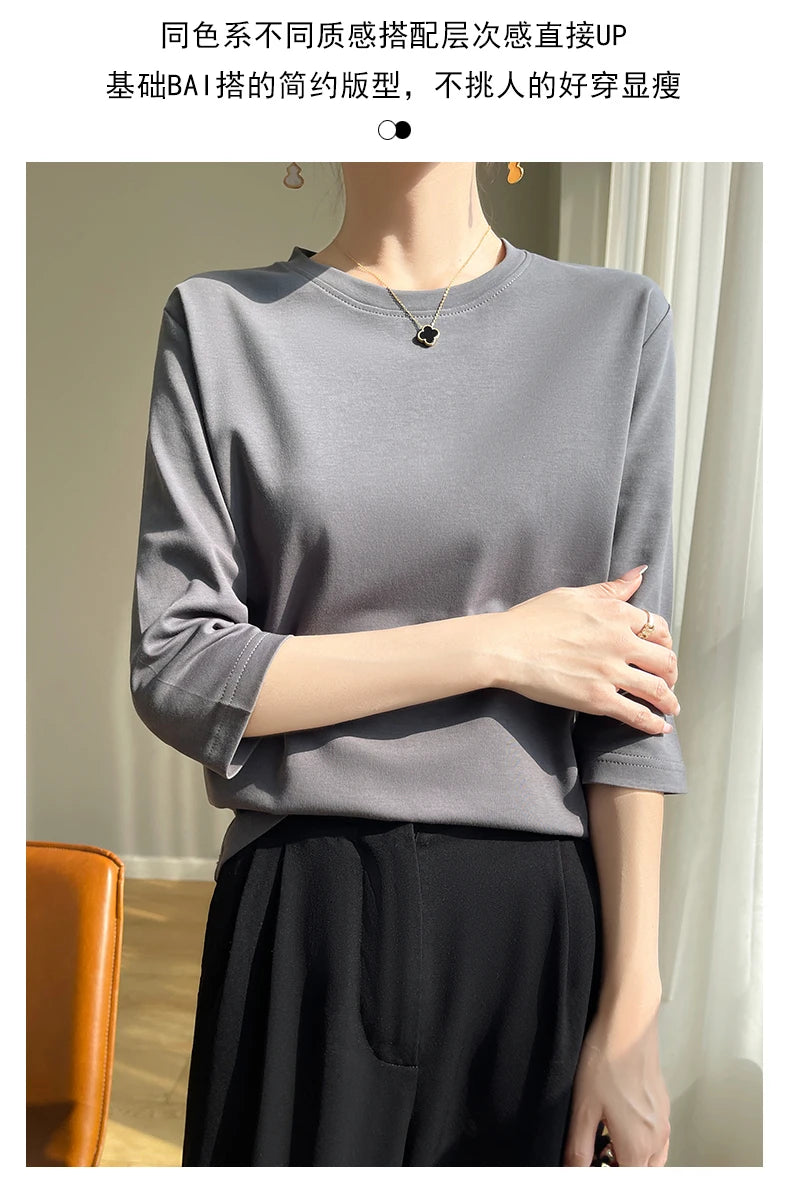 Spring And Summer New White Mercerized Cotton Short Sleeve T-Shirt Feminine Joker Cotton Cropped Sleeve Bottoming Shirt