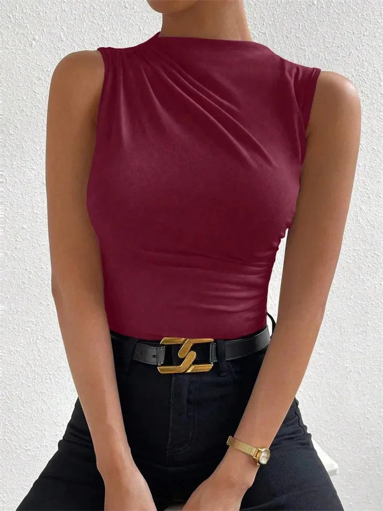Women's Casual Mock Neck Ruched Tank Top Summer 2024 Solid Color Slim Fit Pleated Sleeveless T Shirt Tee Tshirt Streetwear