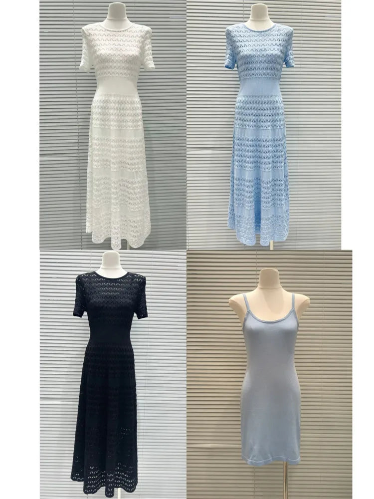 CHUJIE Women's 2025 Summer Lace Trim Dress Set - Round Neck Short Sleeve Midi Dress + Slip Dress 2 Piece Set (Rayon Nylon Blend)