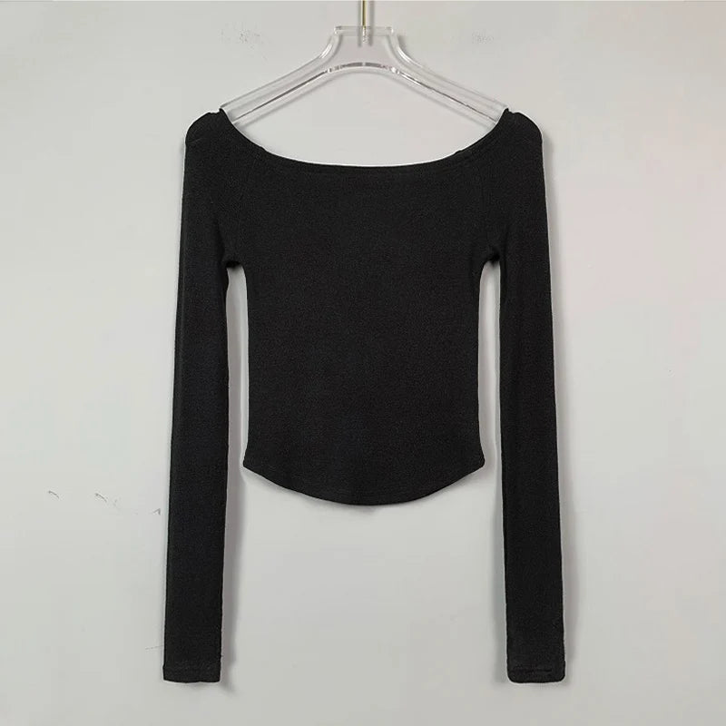 Sexy Slash Neck T Shirt Women Cotton Long Sleeves Cropped Tee Shirt Femme Slim T-shirt Female Black White Tops 2024
