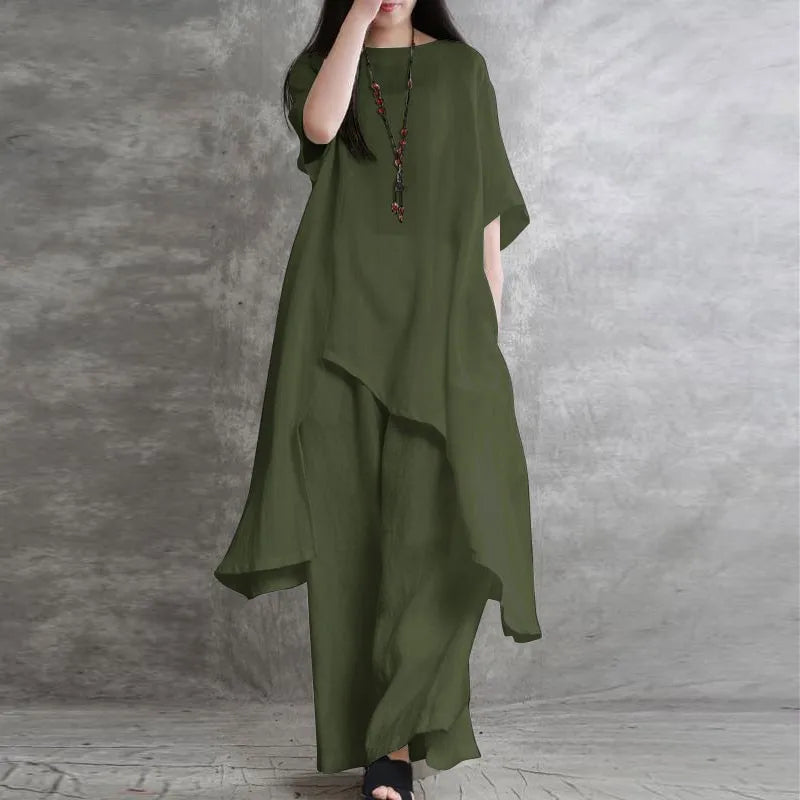 Women Cotton Linen Pant Sets 2 Pieces Casual Half Sleeve Solid Loose Blouse&High Elastic Waist Wide Leg Full Trousers Suits