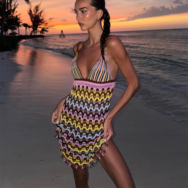 Irregular Printed Knitted Mini Dress For Women Chic Backless Slanted Shoulder Slim Fit Dresses 2025 Summer Holiday Beach Robes