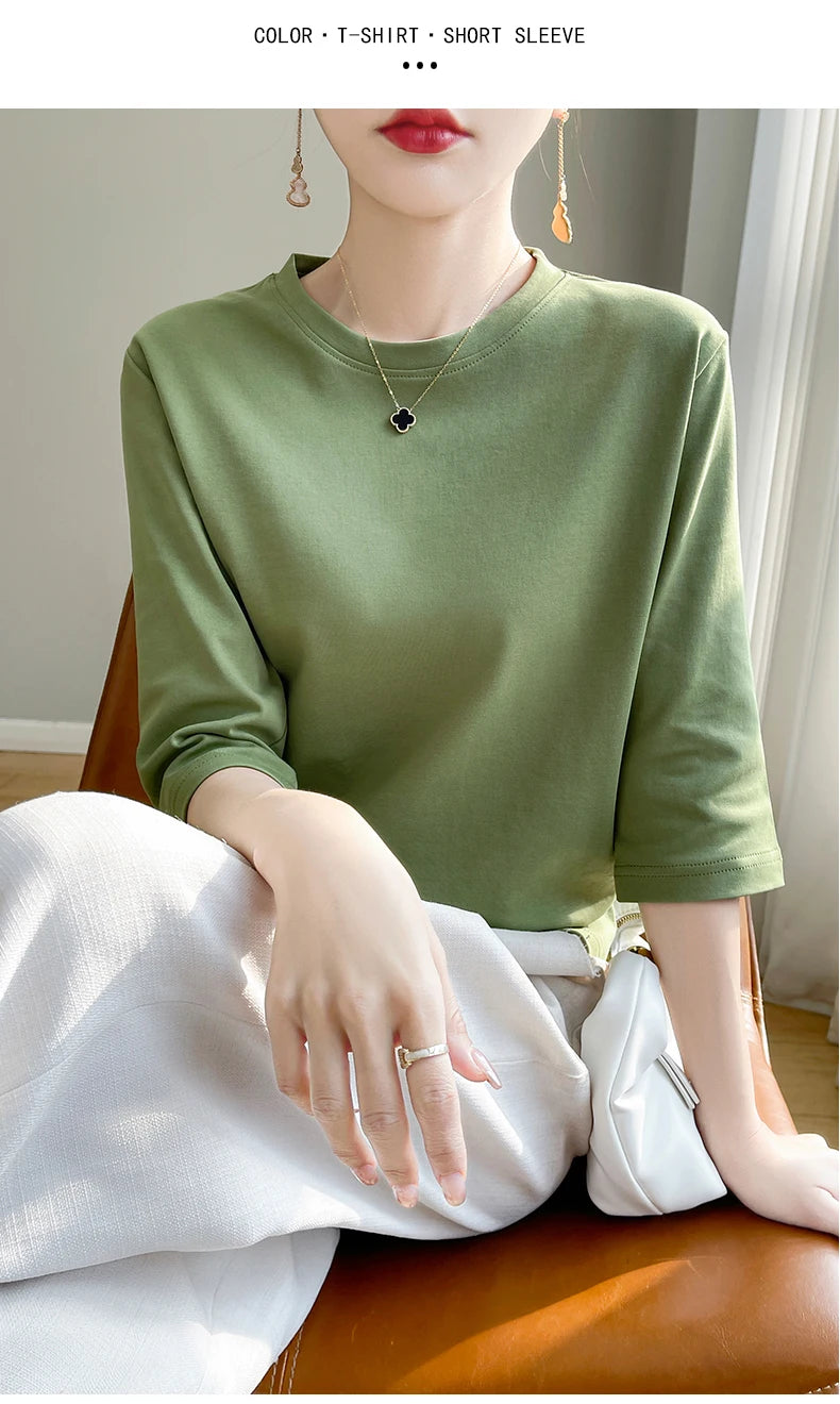 Spring And Summer New White Mercerized Cotton Short Sleeve T-Shirt Feminine Joker Cotton Cropped Sleeve Bottoming Shirt