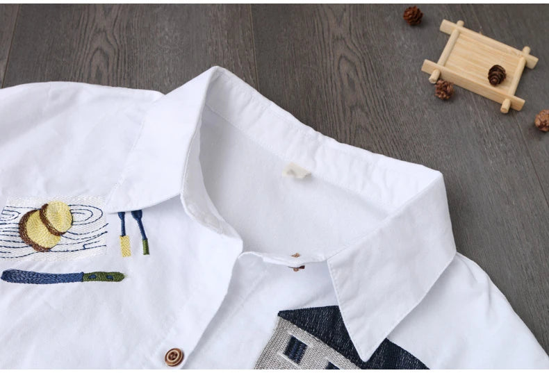 Women Cotton Embroidery Loose Long White Shirts 2025 Spring Autumn New Casual Office Lady Blouse Female Top Loose shirt