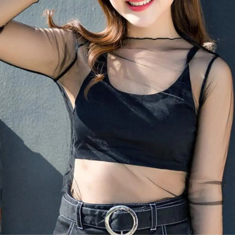 Sexy Women Mesh T-Shirts See-Through Perspective Tshirt Sunscreen Tops Long Sleeve Bottoming Shirts Club Party Black Tee Shirts