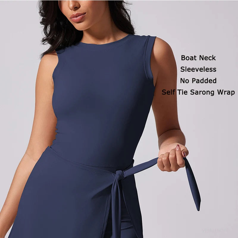 VITALINOVO Tennis Dress for Women with Built in Shorts Womens Athletic Dresses Sleeveless Boat Neck Active Workout Skort Dress