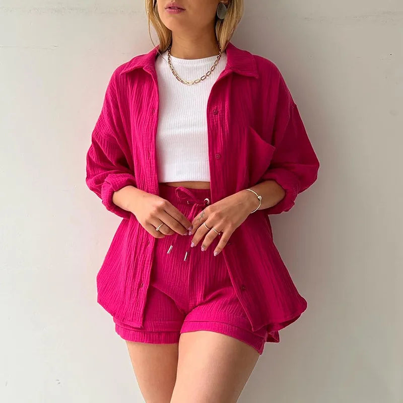 Solid Color Casual Loose Short Pants Sets For Women 2025 Elegant Summer Women's Two Pieces Suit Full Set Female Outfit Clothes