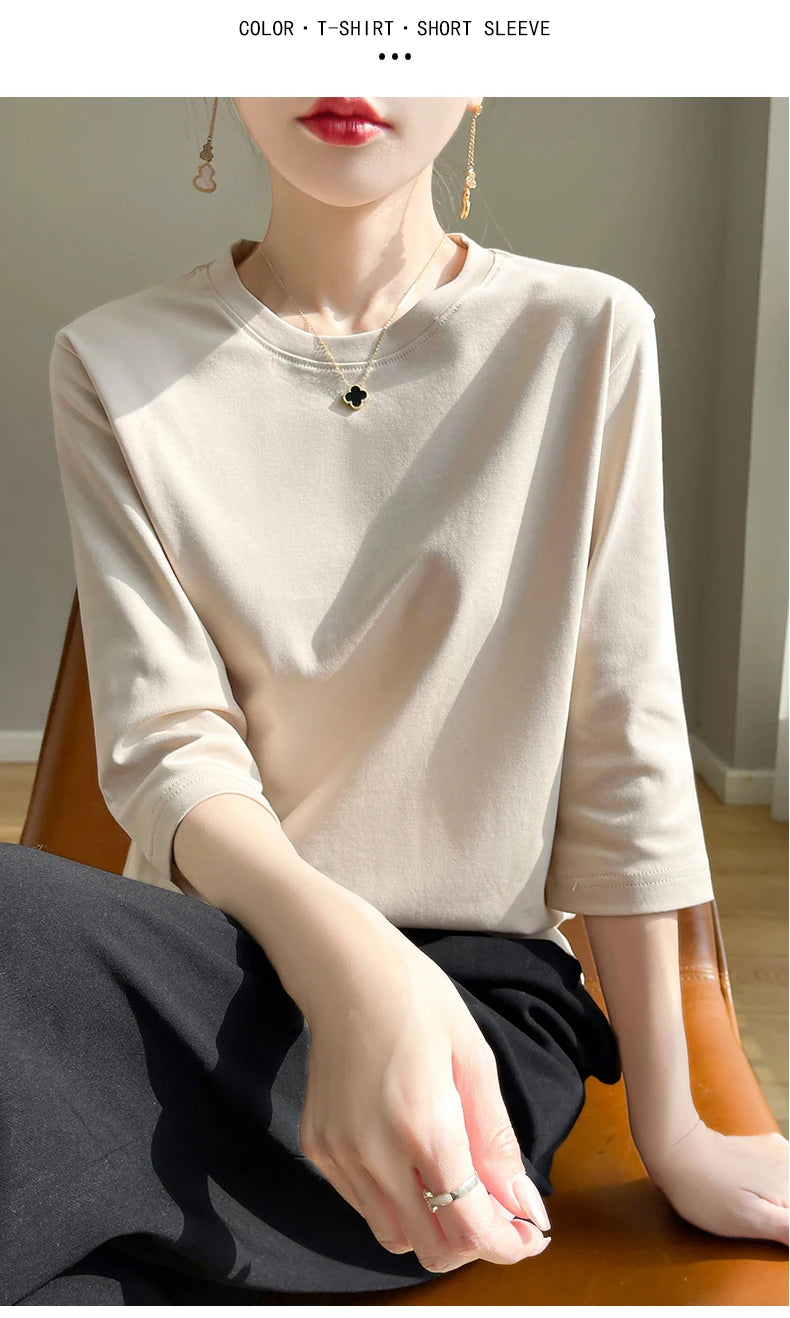 Spring And Summer New White Mercerized Cotton Short Sleeve T-Shirt Feminine Joker Cotton Cropped Sleeve Bottoming Shirt