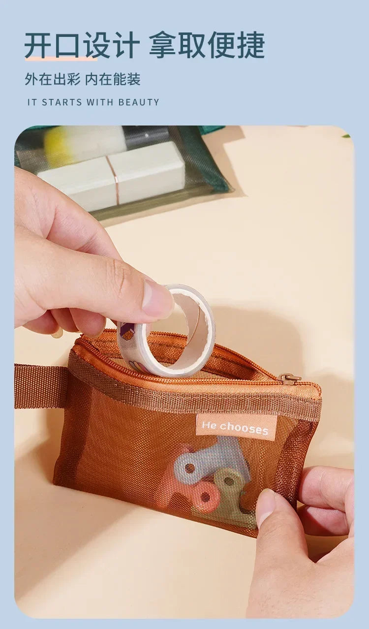 Small Square Solid Color Coin Bag Nylon Mesh Lipstick Key Earphone Organizer Holder Bus Bank ID Credit Cards Pouch Case Storage