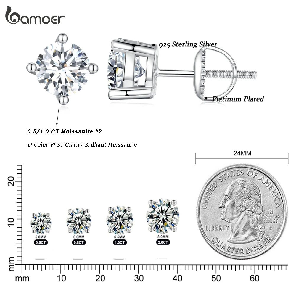 Bamoer 0.5-1ct Moissanite Screw Back Earrings for Women, D Color VVS1 Clarity Lab Created Diamond Earring White Gold Earrings
