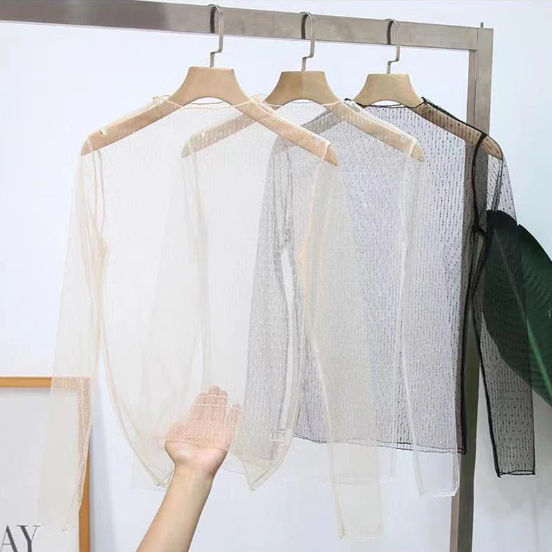Sexy Women Mesh T-Shirts See-Through Perspective Tshirt Sunscreen Tops Long Sleeve Bottoming Shirts Club Party Black Tee Shirts