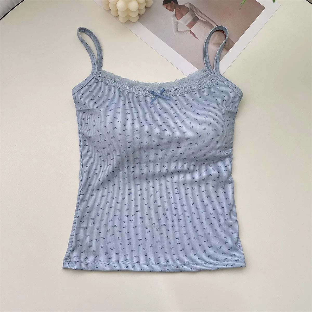 Summer Print Crop Tops for Women Bow Lace Camisole Sexy Backless Vest with Padded Basic Tank Top Bm Style Camis Y2k Streetwear