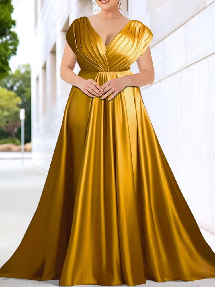 Women's Plus Size V Neck Short Sleeve Evening Party Dress Temperament Solid Colour Long Cocktail Satin High Waist Summer Dresse