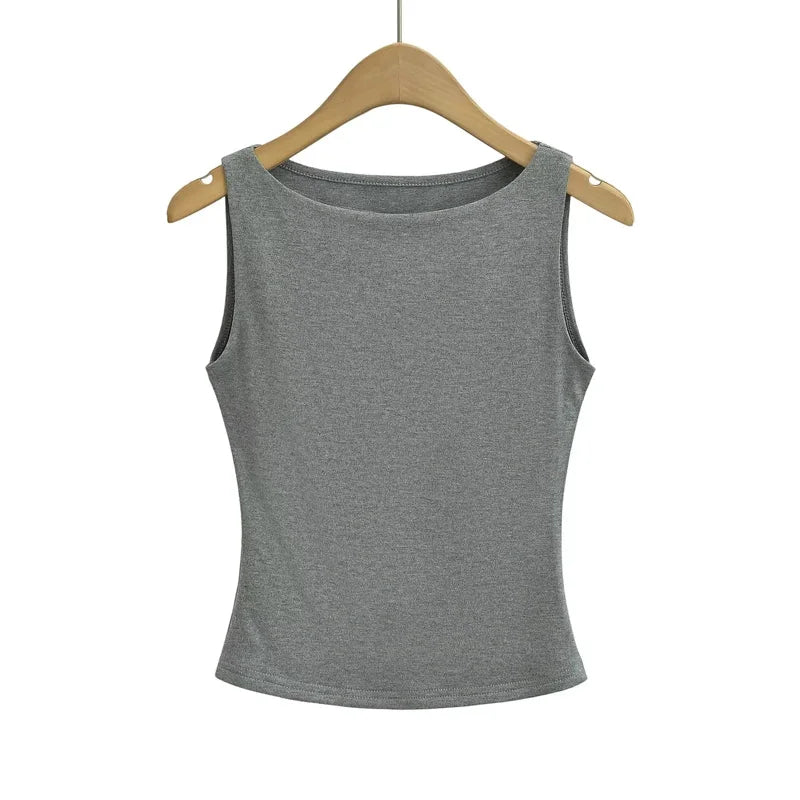 Women Double Layer Boat Neck Soft Slinky Tank Top