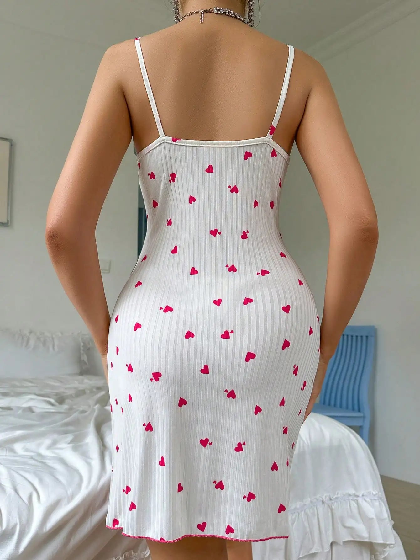 Sexy Women's Night Gown Lace Trim Camisole Bow & Heart Print Sleeveless Sleep Dress Elegant Night Wear for Ladies