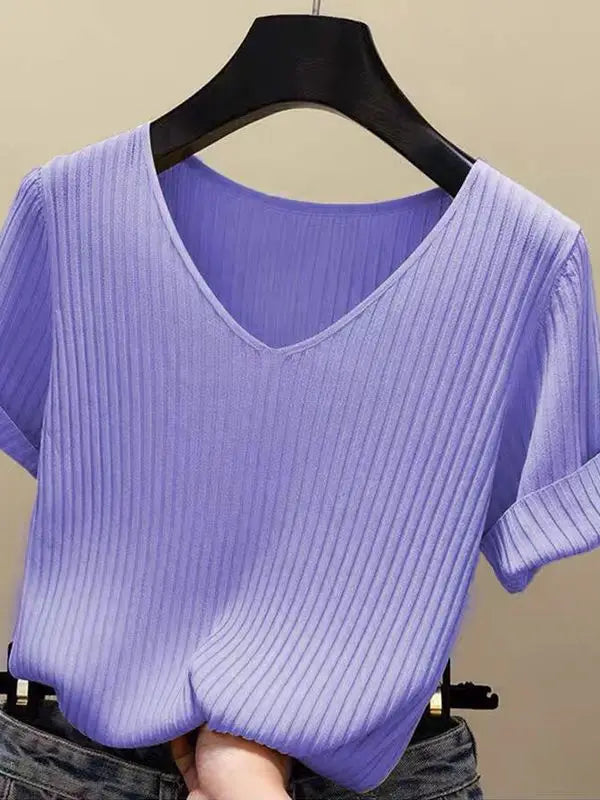 Knitted short sleeve Women V-Neck T Shirts 2025 Blue Slim Black thin knit Orange Tops Ladies Summer Camiseta Summer T shirts