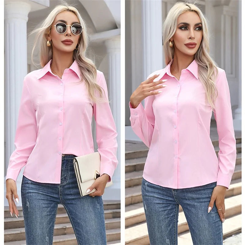 Women Spring Autumn Style Blouses Shirts Lady Casual Long Sleeve Turn-down Collar Solid Color Blouse Tops