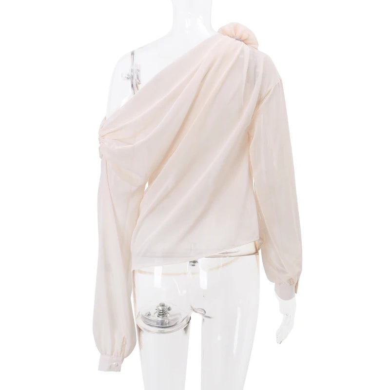 WhereMery Sexy Irregular Oblique-neck Flower Applique T Shirt Summer Off Shoulder Fashion Long Sleeve Crop Tops Street Mesh Tees