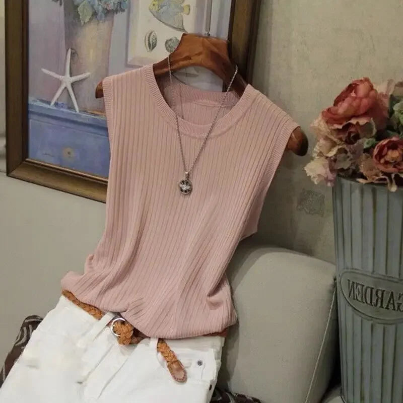 Korea Knitted Vests Women Top Summer Sleeveless Blouse Women O-neck Knitted Blouse Shirt Clothes Women Tops