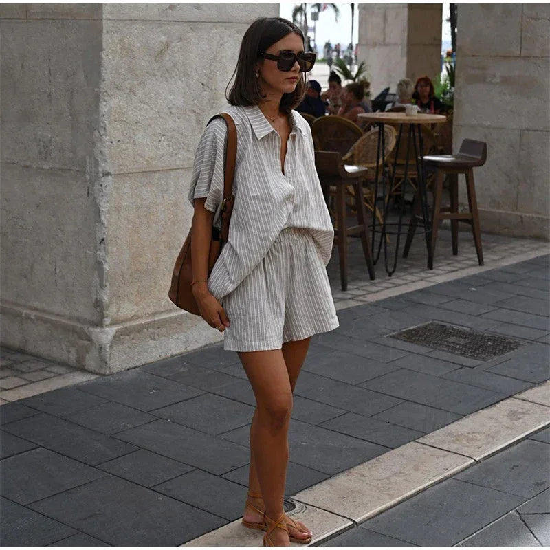 Women Fashion Stripe Print Lace-up Shorts Set Oversized Lapel Short Sleeve Single Breasted Shirts Suit Lady Casual Street Outfit