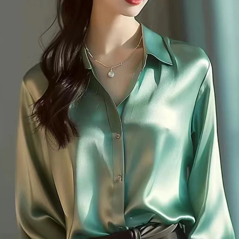 Solid Color Elegant Office Lady's Satin Shirt All-Match Trendy Women Shirts And Blouses Basic Chic Top Autumn French Chic Shirt