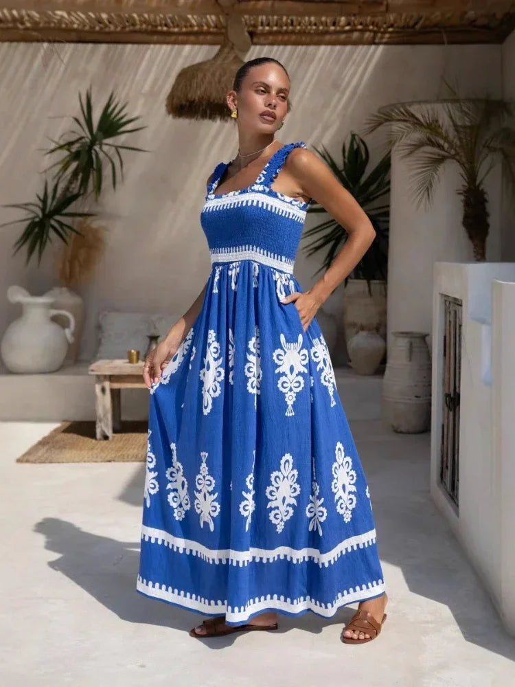 2025 Summer Fashion New Women's Bohemian Style Dress Beach Vacation Printed Strap Fold A-line Length Dress