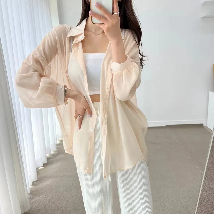 8 Colors Shirts Women Sheer Thin Chic Summer Simple Solid Sun-proof Temper Fashion Baggy All-match Basic Korean Style Clothes
