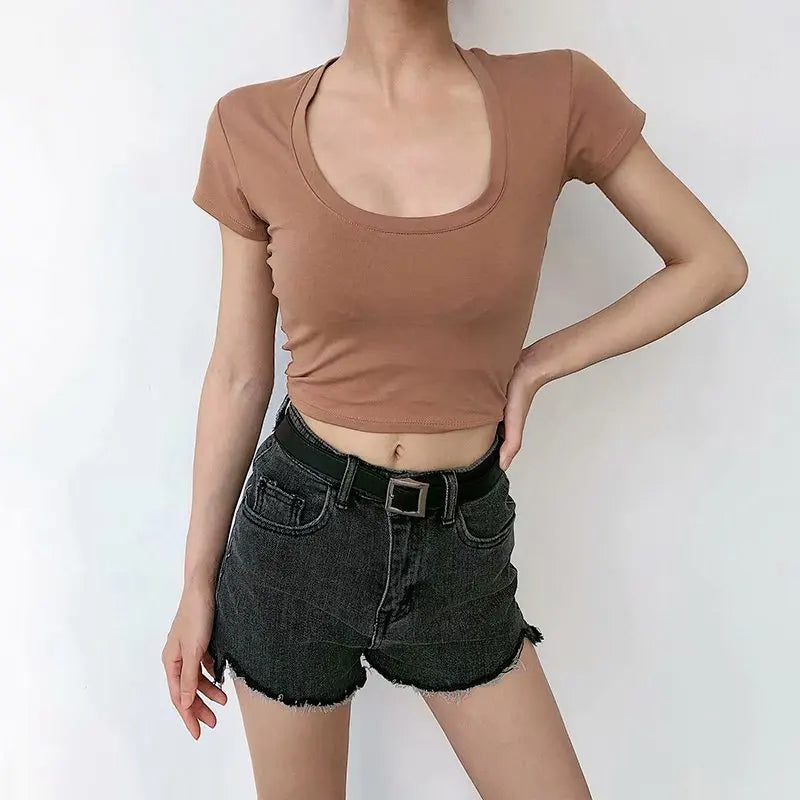 U-Neck Crop Top Solid Color Women Casual High Waist T Shirt Basic Sexy Streetwear Short Sleeve Slimming Tops