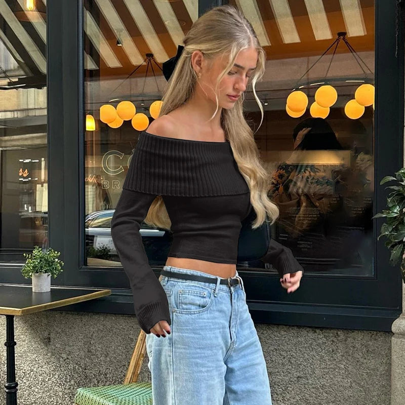WhereMery Elegant Off Shoulder Ribbed Crop Tops Summer Fashion Casual Solid Skinny Long Sleeve Women's Gentle Y2K Tight T-shirts