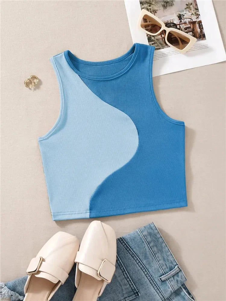 High Street Style Patchwork Rib Knit Sleeveless Crop Top Women Summer Y2K Clothes Korean Fashion Tank Top Tee Streetwear 2023