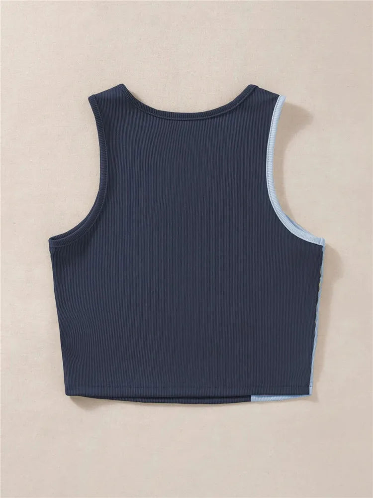 High Street Style Patchwork Rib Knit Sleeveless Crop Top Women Summer Y2K Clothes Korean Fashion Tank Top Tee Streetwear 2023