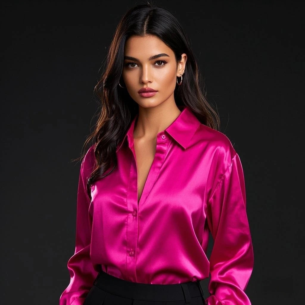 Autumn Casual Women's Satin Shirt All-Match Basic Solid Color Office Lady's Top Trendy Multicolor Shirts And Blouses Chic Top
