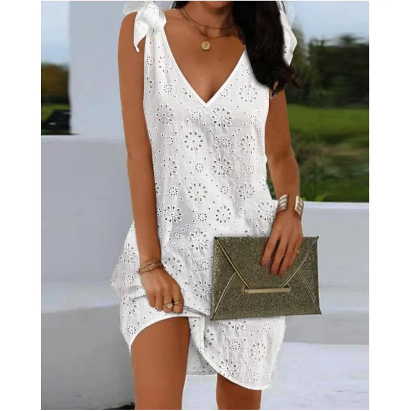Elegant Dresses V-Neck Eyelet Embroidery Tied Detail Sleeveless Mini Straight Dress Vacation Fashion Summer Dress DF4987