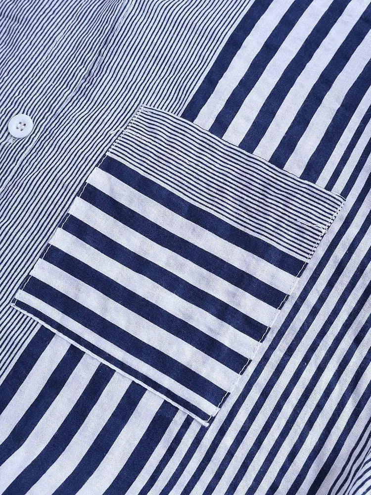 Women's Spring Fall Cotton Linen Long Sleeves Roll Up Striped Casual V Neck Button Down Shirts Blouses Collar Tunic Tops