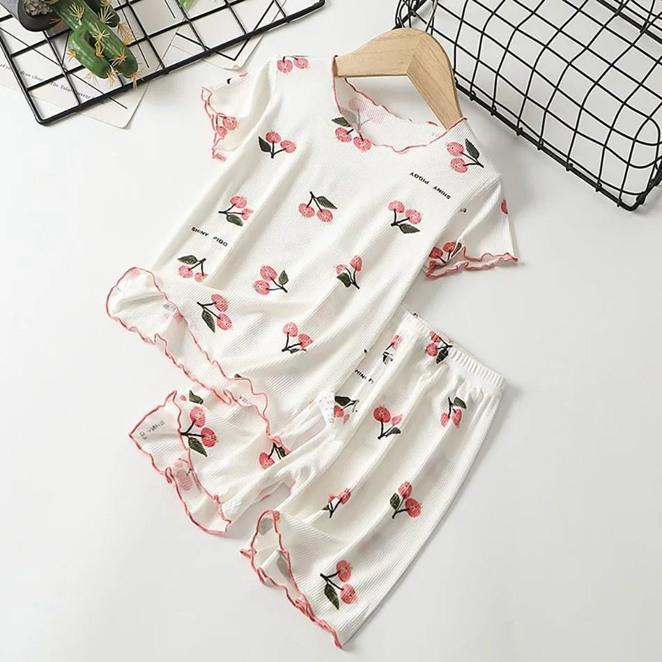 Girls Summer Pajama Set Cherry Blossom Print 4-Way Stretch Shorts & Tee Breathable Modal Blend for Bedtime and Playtime for 1-8Y