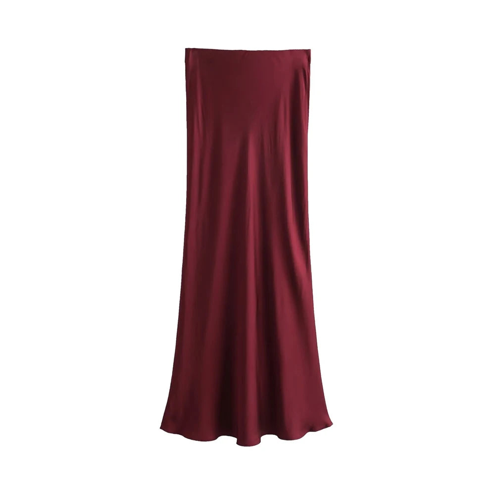 TRZA Women's Soft Touch Silk-Like Midi Skirt High Waist Elastic Waistband Chic Fashion Female Skirts Elegant Mujer