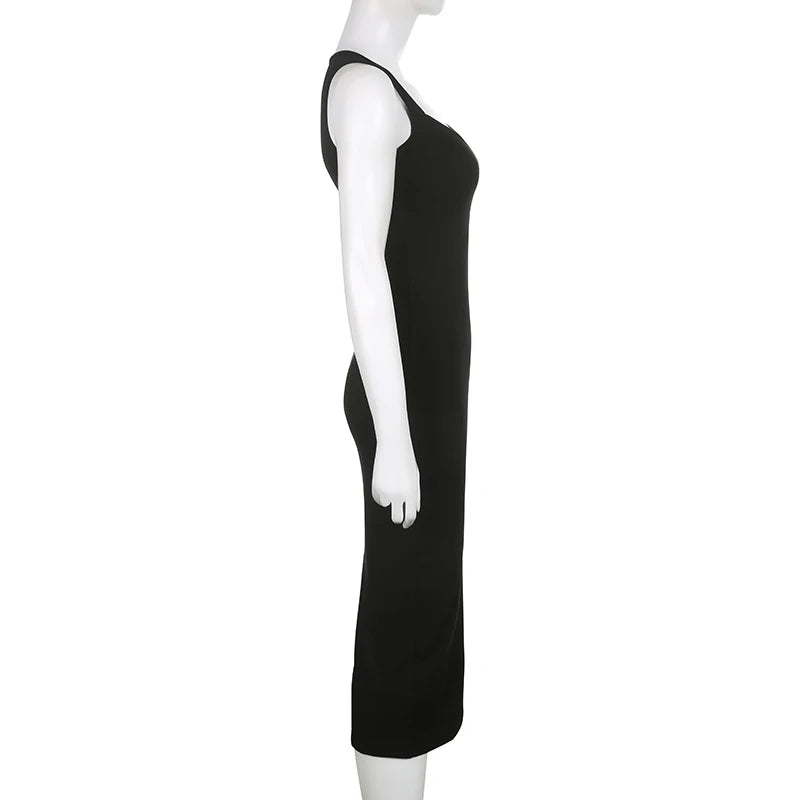 CIBBAR Basic Knit Long Dress Korean Fashion Square Collar Sleeveless Women's Dresses Summer Casual Y2k Vintage All-match Outfits