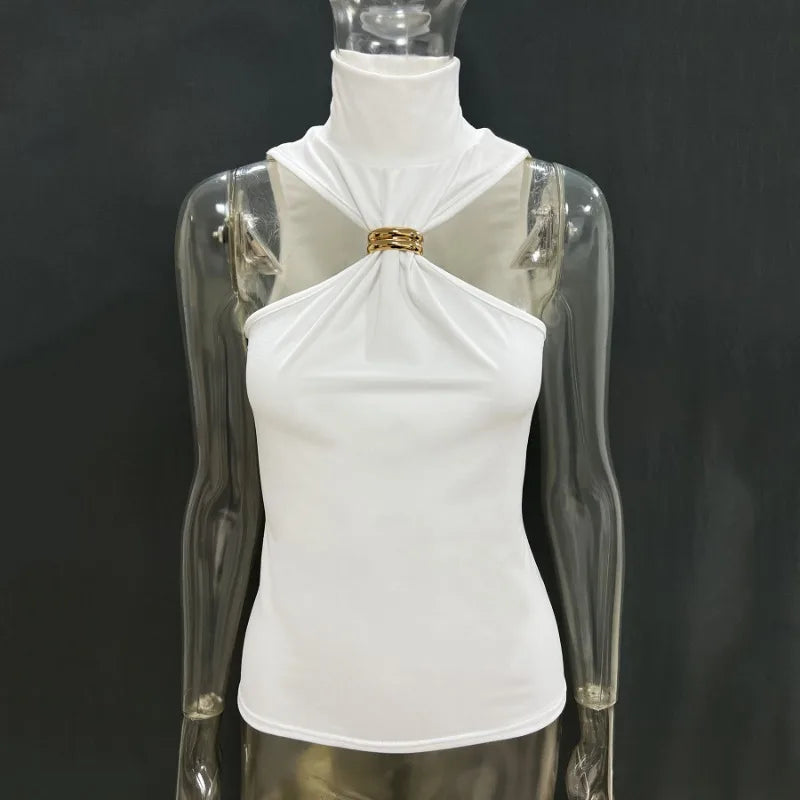 Trendix Fashion Metal Ring Tank Top Women 2025 Summer Y2k Solid Sleeveless Patchwork Tops Ladies Vacation Slim Party Elegant Top